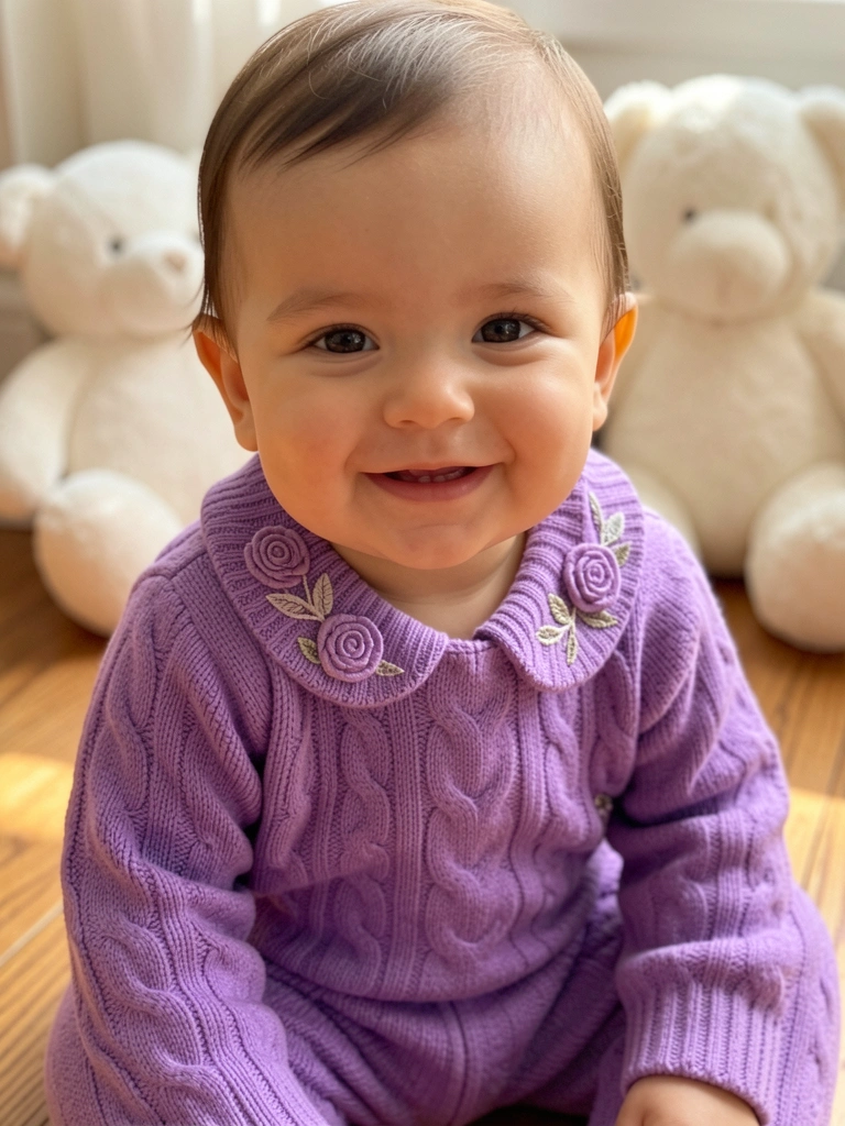 Bebê menina sorrindo em macacão roxo de tricô com bordados de rosas, sentada em chão de madeira com luz natural suave e urso branco desfocado.