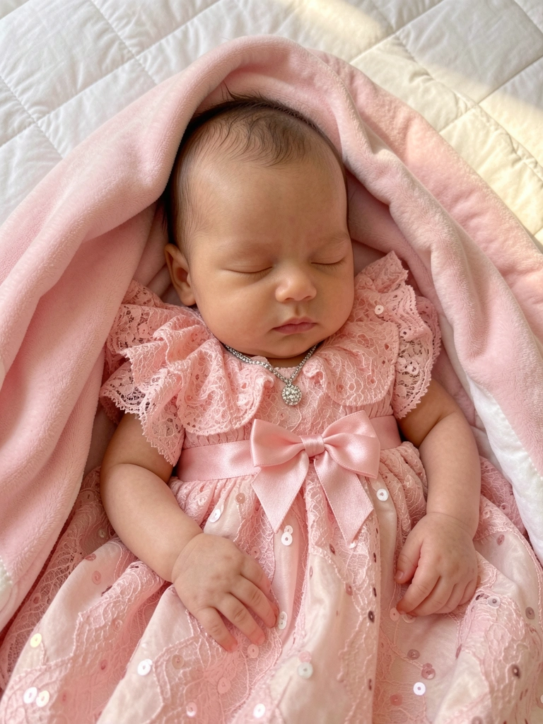 Bebê dormindo em manta acolchoada rosa e branca, vestindo um delicado vestido de renda rosa com laço de cetim e colar prateado, luz suave de janela.