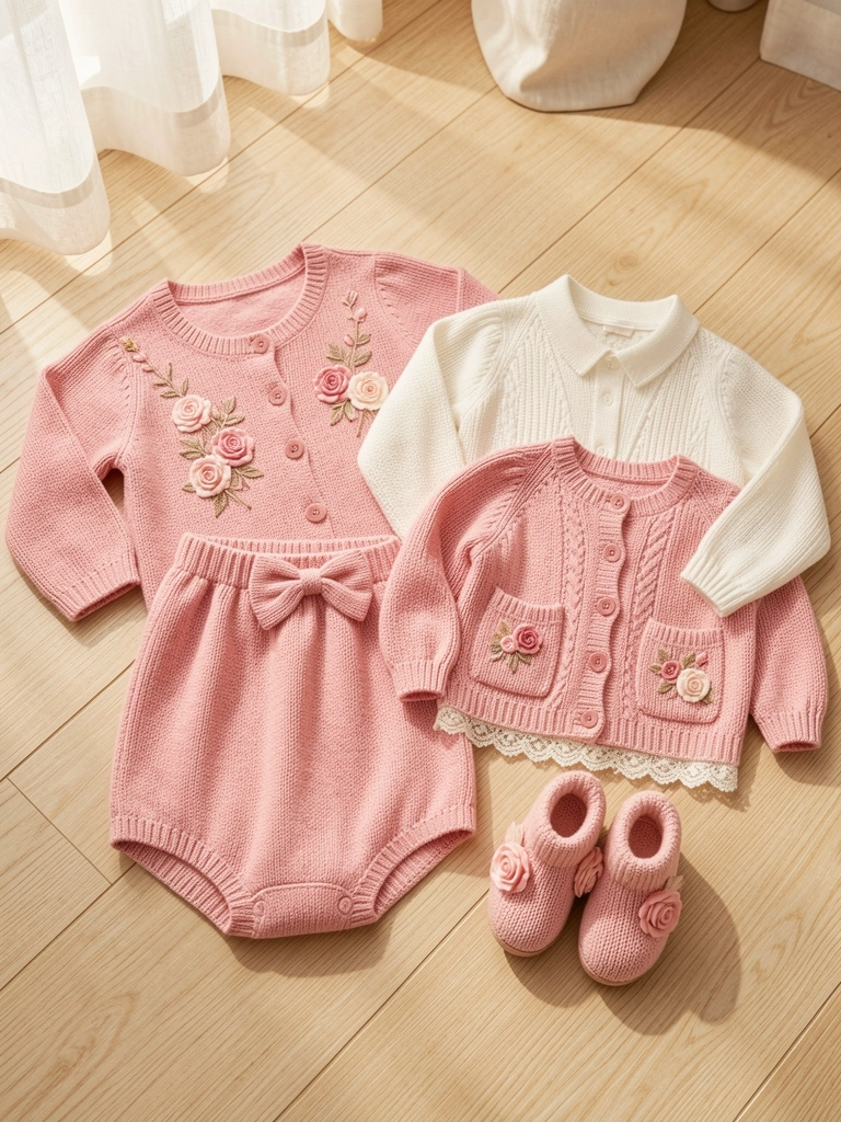 Conjunto de luxo para bebê menina: cardigã, casaquinho e botinhas cor-de-rosa com detalhes de renda e flores, dispostos em piso de madeira clara sob luz natural suave.