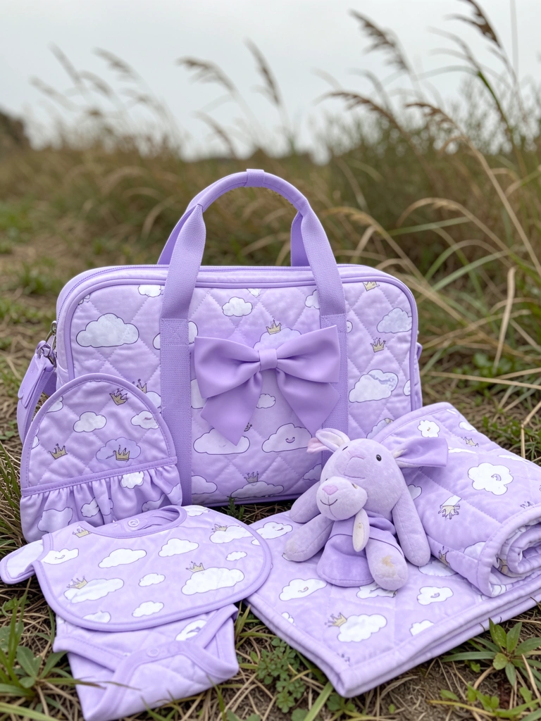 Conjunto de roupas e acessórios infantis em lavanda, com bolsa fralda acolchoada de nuvens, macacão, touca e cobertor, sob luz natural difusa.