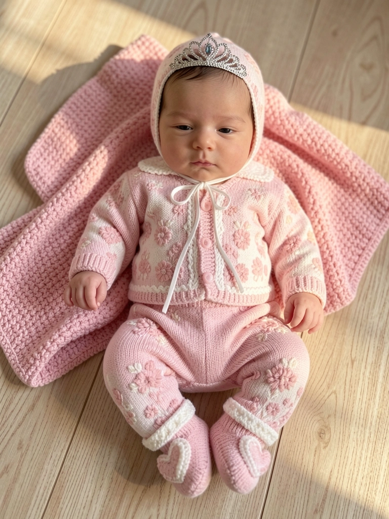 Conjunto de tricô rosa e branco com suéter, calça, touca e sapatinhos em formato de coração, manta rosa ao lado, bebê deitada em superfície de madeira clara sob luz natural.