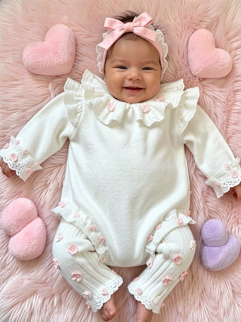 Macacão de bebê branco em tricô com renda, laço rosa e flores, sobre fundo rosa peludo, luz suave natural.