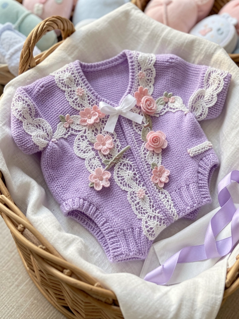 Close-up de um conjunto de bebê de lã lavanda com detalhes em renda, laço branco e florais cor-de-rosa, sobre uma cesta forrada com linho, iluminado por luz natural suave.