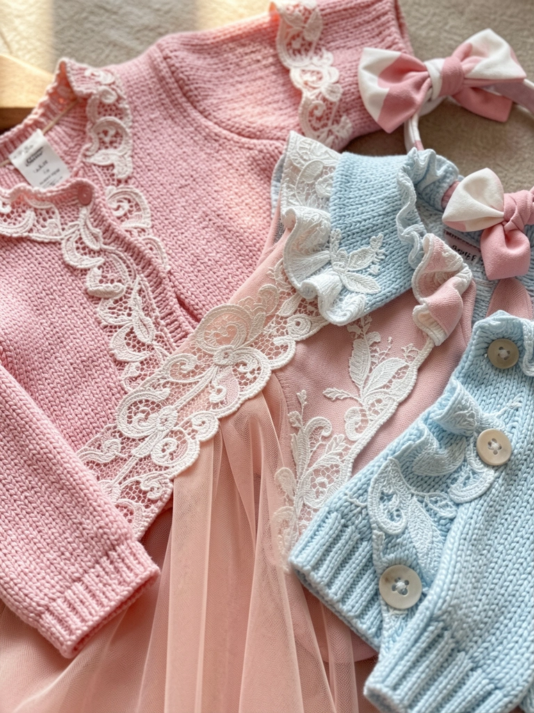 Pink knitting and lace trimmed baby dress set with blue cardigan and bow headband in natural light.