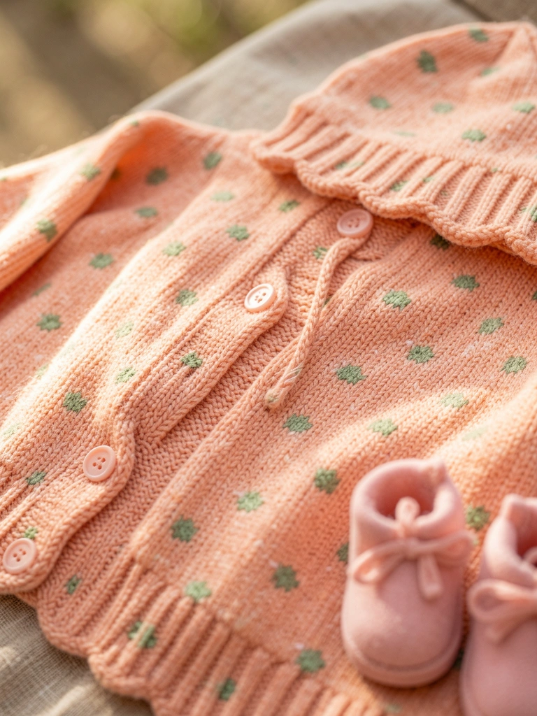 Suéter tricotado cor de pêssego com bolinhas verdes, gorro combinando e sapatos cor-de-rosa, luz natural suave ao fundo.