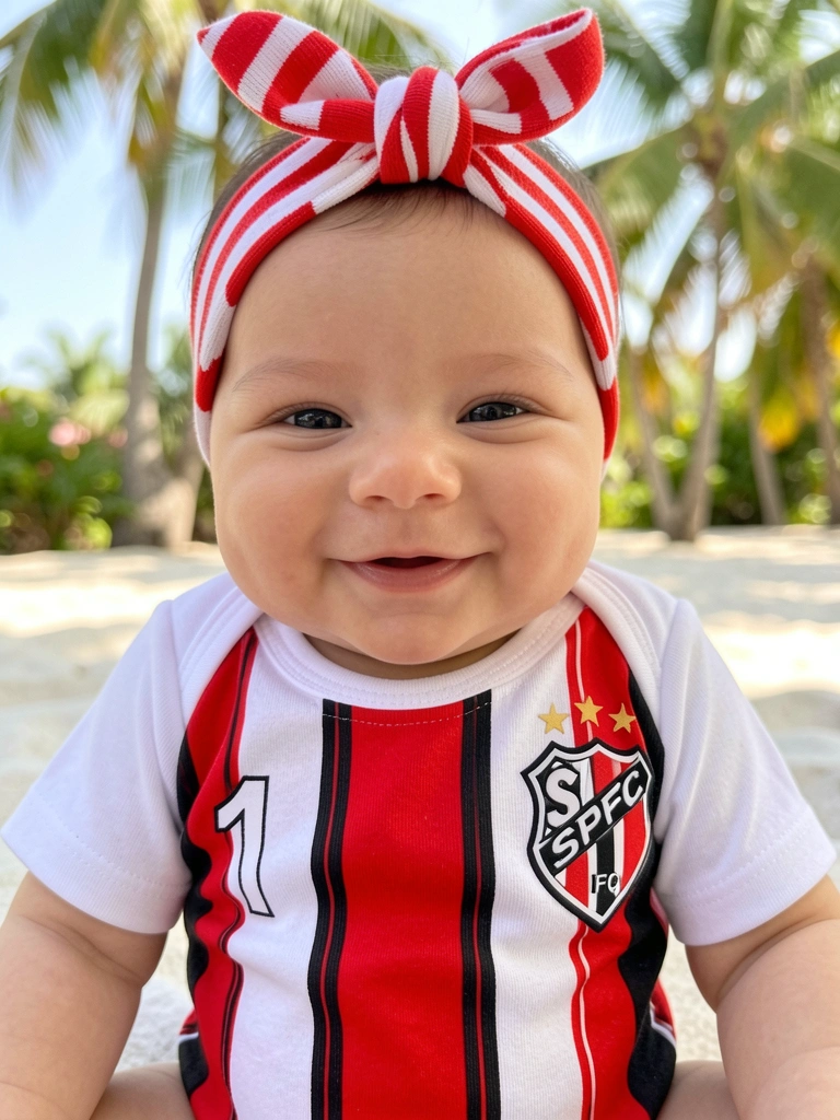 Bebê de roupa branca com listras vermelhas e pretas do São Paulo FC, faixa listrada na cabeça e sorriso genuíno sob luz natural suave.