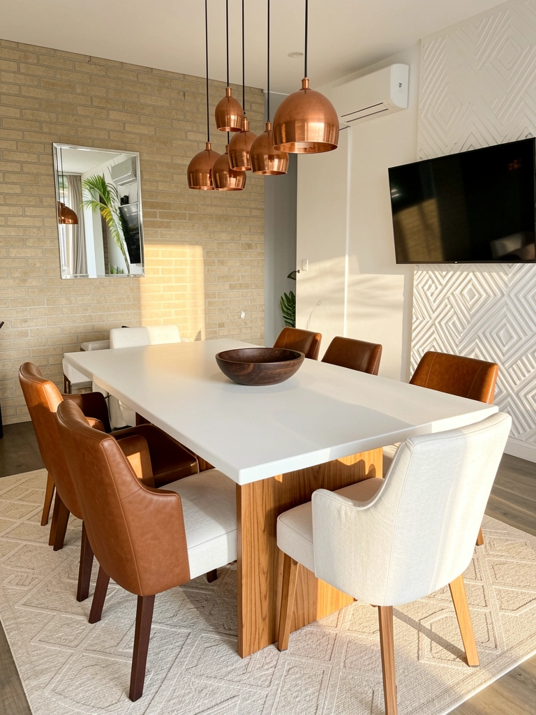 Mesa de jantar branca com base de madeira e cadeiras de couro marrom, pendentes de cobre e parede de tijolos claros ao fundo.