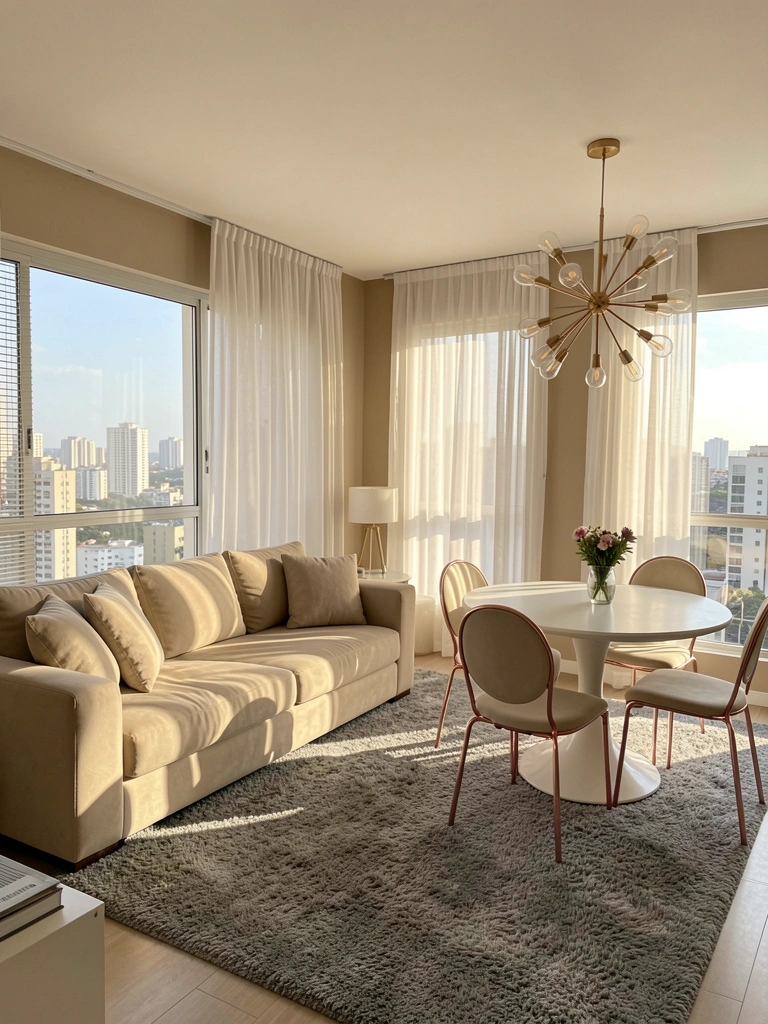Luz natural incide sobre sofá bege e mesa redonda branca com cadeiras rosé, vista da cidade ao fundo.