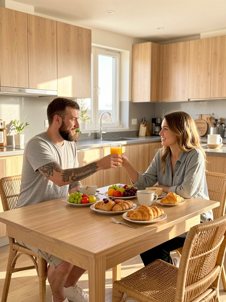 Homem com barba e tatuagem oferece suco de laranja a mulher sentada à mesa de cozinha com armários claros e bancada cinza, luz natural e cadeiras de vime ao fundo.