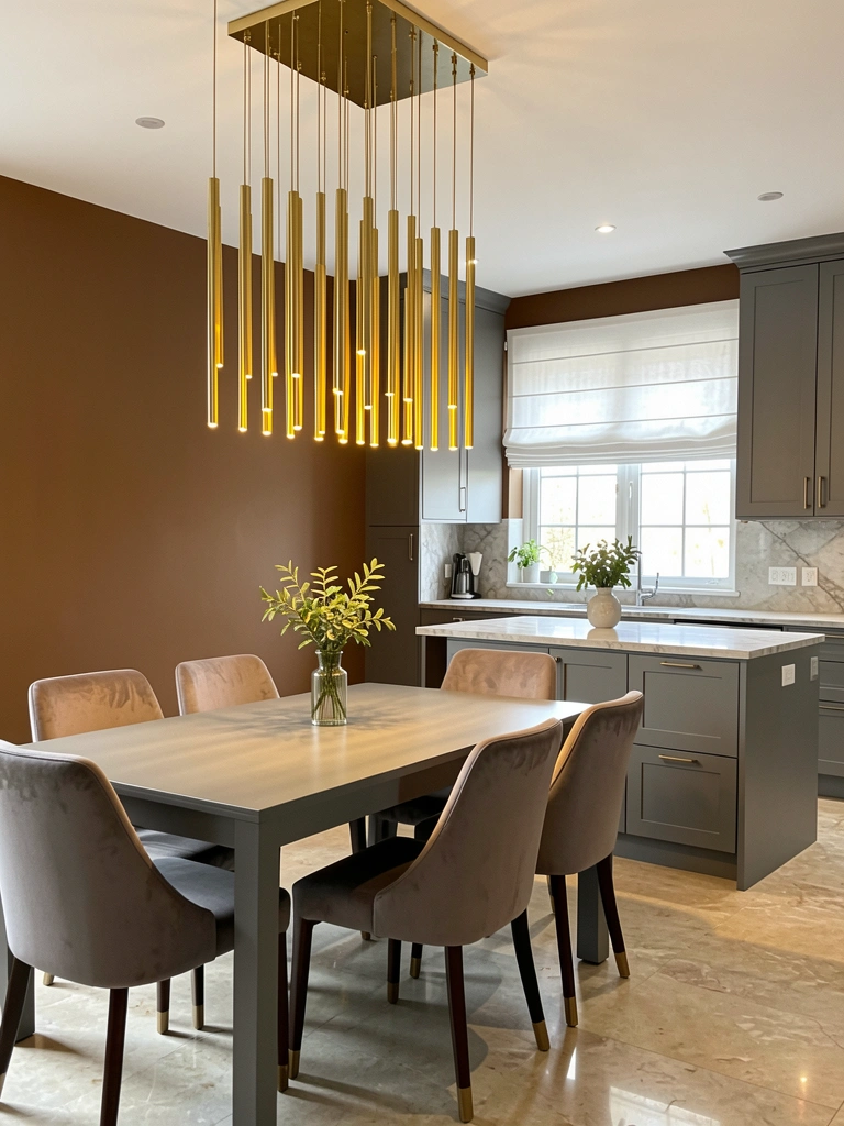 Lustre linear dourado com hastes suspensas sobre mesa de jantar cinza com cadeiras estofadas, claraboia romana branca e vaso com folhagem verde na bancada de mármore.