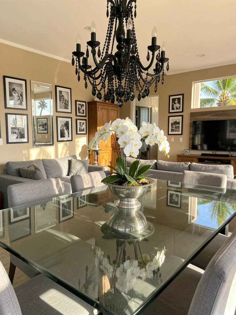 Mesa de vidro reflete lustre preto com cristais, arranjo de orquídeas brancas em vaso de prata e sofás cinza ao fundo.