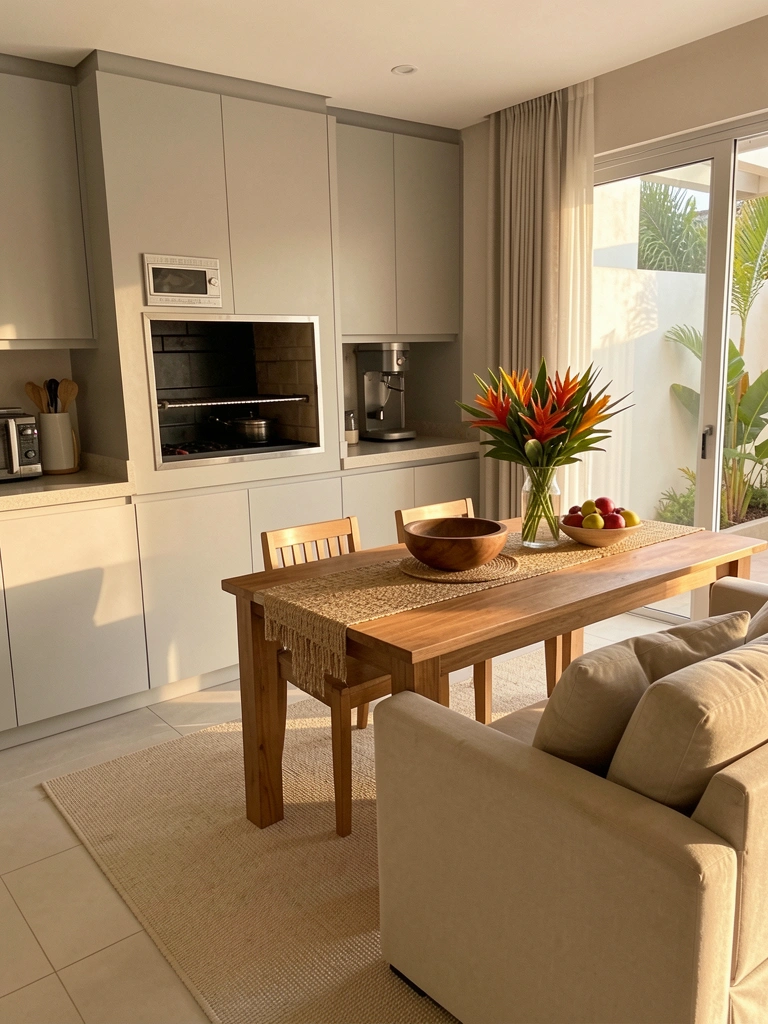 Luz natural entra por porta de vidro, iluminando mesa de madeira com cumbuca redonda, vaso de flores tropicais e frutas, sobre carpete bege, em cozinha com armários cinza claro e sofá bege.