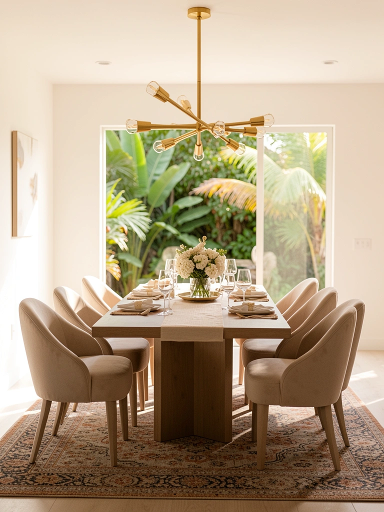 Mesa retangular com cadeiras bege e lustre dourado moderno, luz natural e jardim ao fundo.