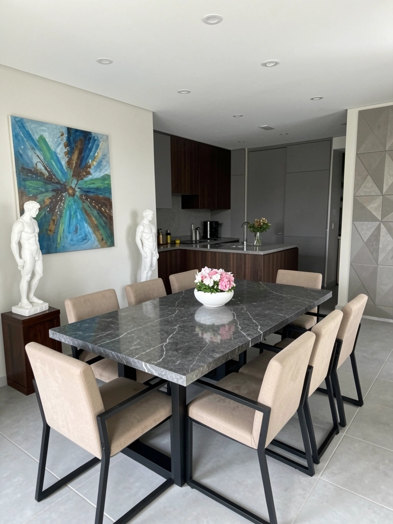 Mesa de jantar retangular com tampo claro, cadeiras estofadas em bege e lustre pendente sobre a mesa.