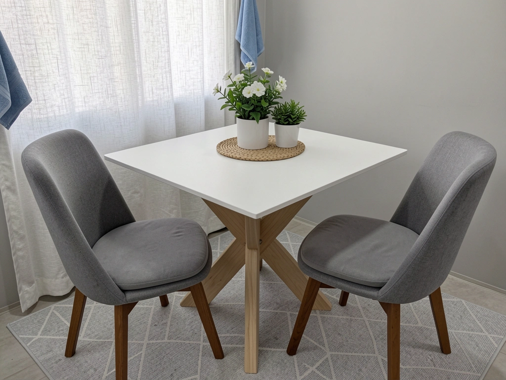 Sala de jantar com mesa de madeira clara, cadeiras estofadas em cinza, tapete geométrico, vaso de plantas e almofadas sobre os assentos.
