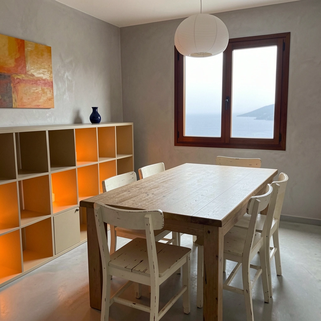 Mesa de madeira com cadeiras off-white em sala de paredes cinza claro.