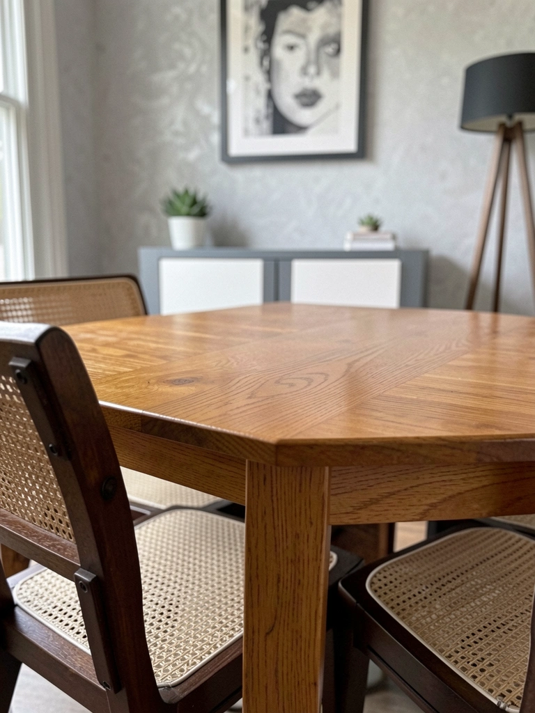 Detalhe de tampo de mesa de carvalho maciço com cadeira de rattan ao fundo, luz natural incidindo sobre a madeira.