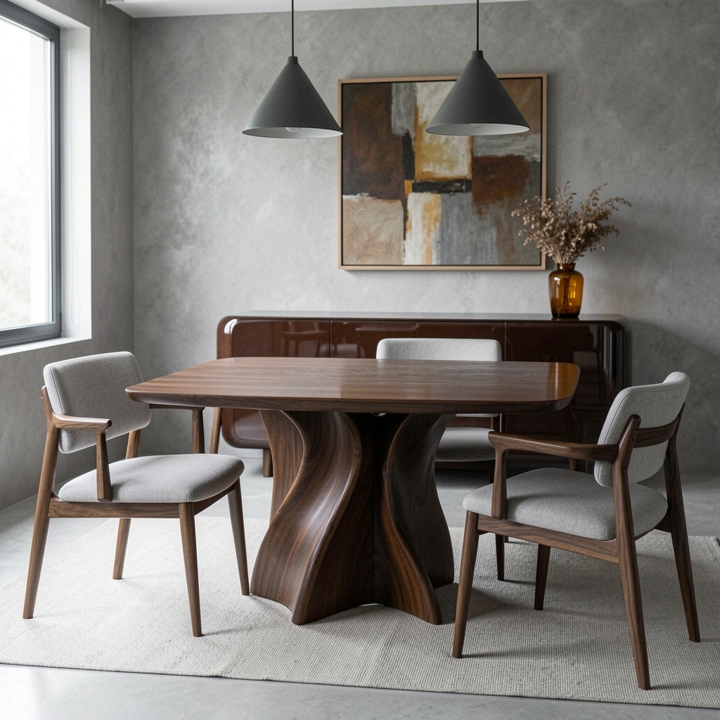 Mesa com base escultórica em formato sinuoso, tampo claro, ambiente de sala de jantar moderna.