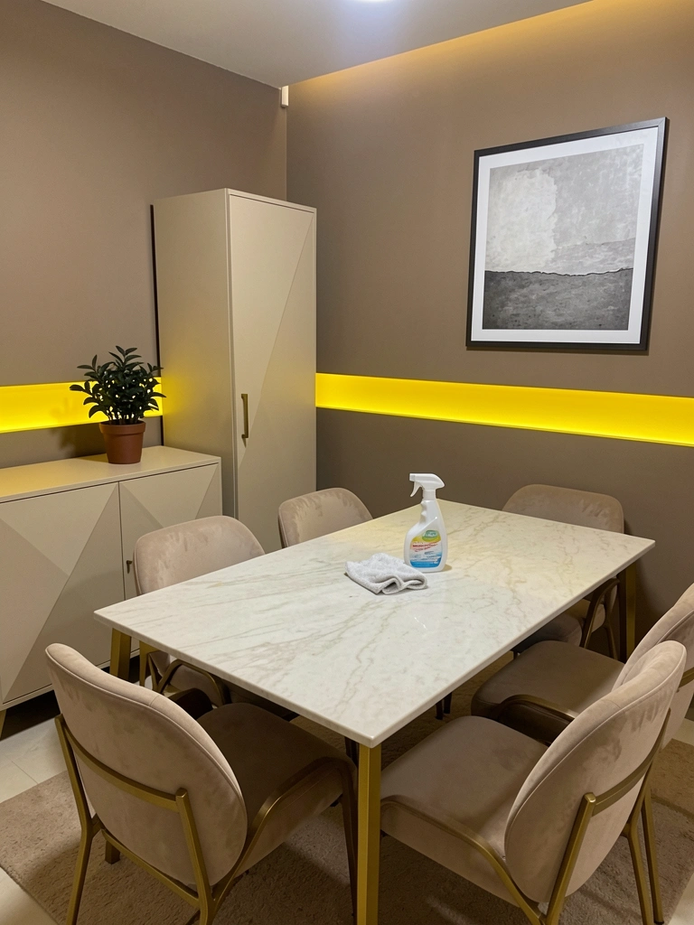 Panos de microfibra coloridos e frascos de produtos de limpeza sobre uma mesa de madeira clara.