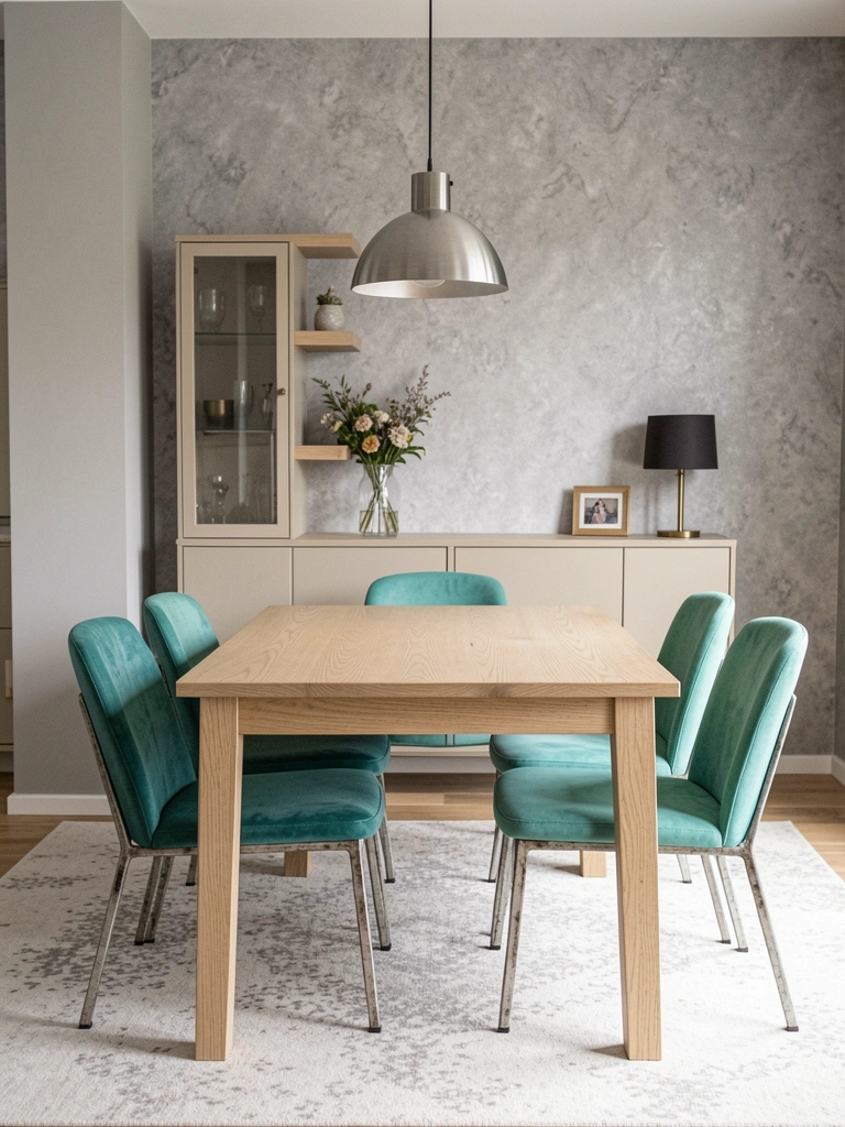 Sala de jantar com mesa de madeira clara, cadeiras estofadas em cinza e pendente preto sobre a mesa.
