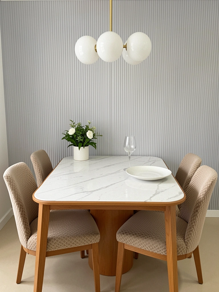 Sala de jantar com mesa de madeira clara, cadeiras estofadas em cinza, lustre pendente e parede com quadro abstrato.