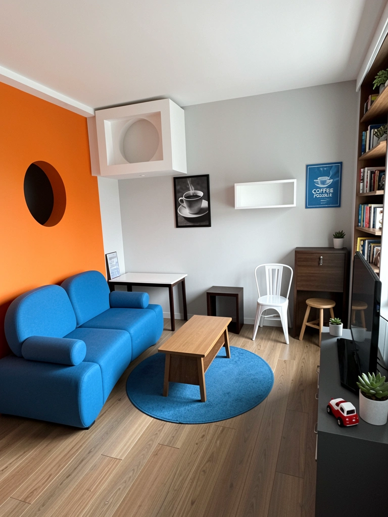 Sofá curvo e modular em tons neutros em sala ampla com luz natural e piso de madeira.