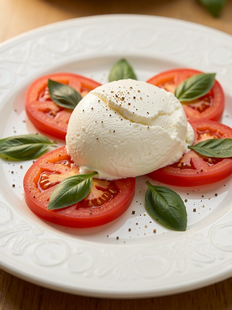Prato branco redondo com relevo, sobre ele mozzarella cremosa e tomates vermelhos com manjericão, iluminação suave.