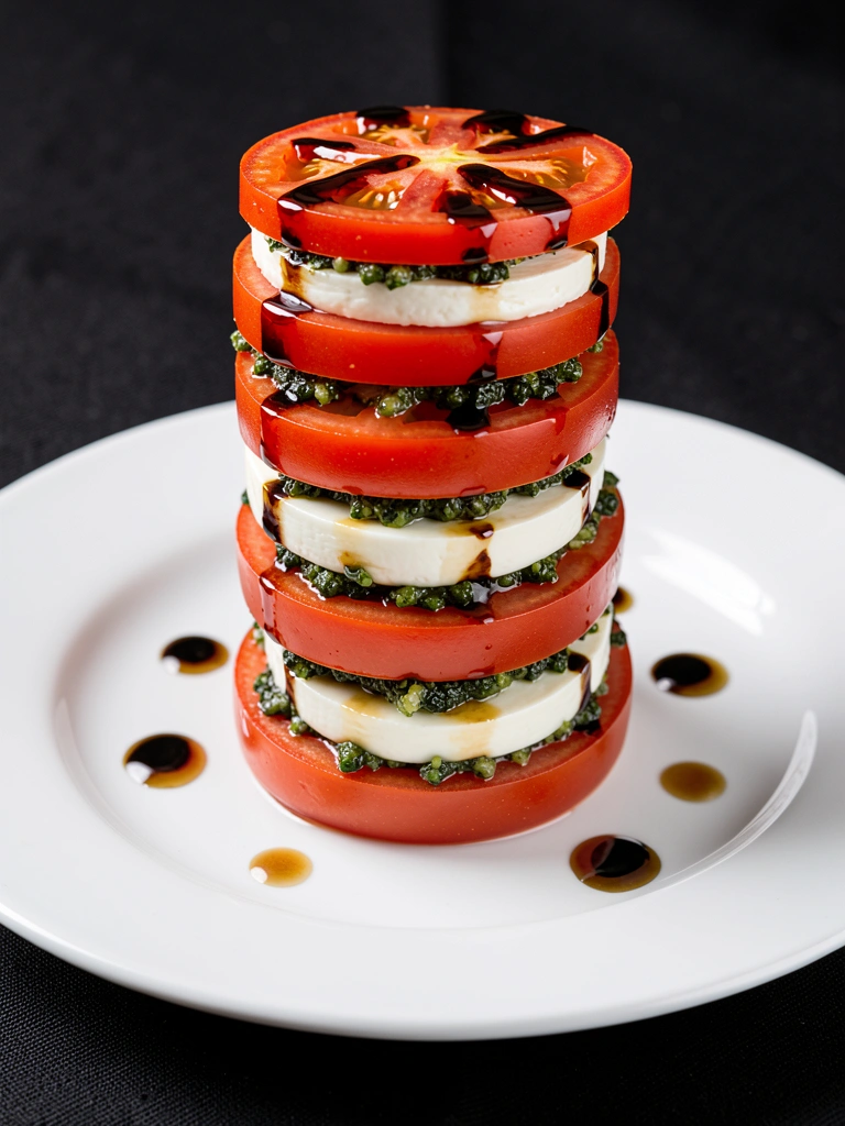Torre de tomates, mussarela de búfala e pesto em prato branco sobre toalha preta, com gotas de glaze balsâmico.