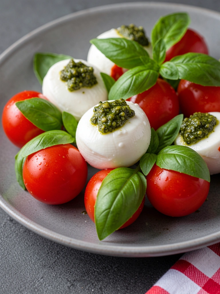 Salada Caprese em prato de cerâmica cinza com tomates cereja, mussarela de búfala e manjericão, pesto sobre as bolas de mussarela, guardanapo xadrez vermelho e branco no canto inferior direito, iluminação suave.