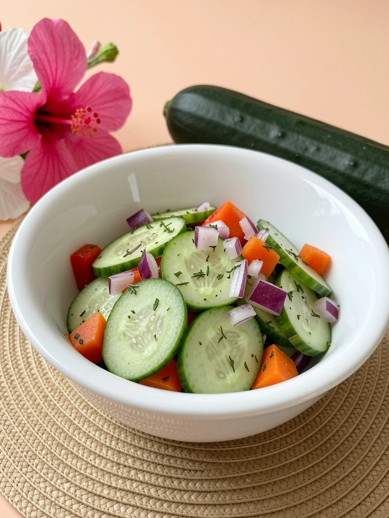 Tigela branca com salada de chuchu, cenoura, pimentão e milho sobre mesa de madeira.
