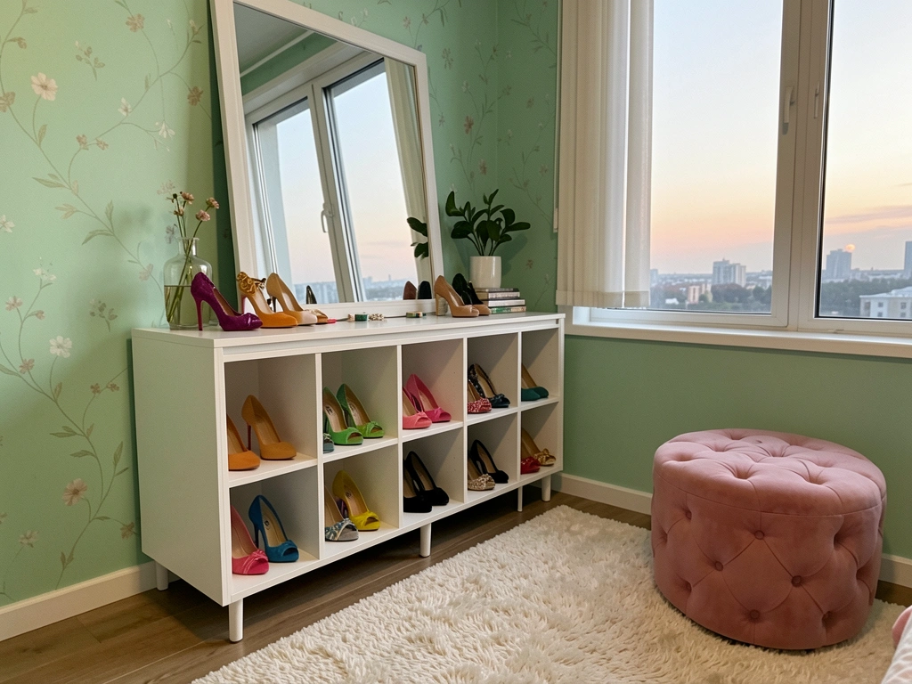 Armário branco com espelho e compartimentos exibindo sapatos de salto coloridos, pufe rosa e parede verde-menta com estampa floral, luz suave do entardecer.