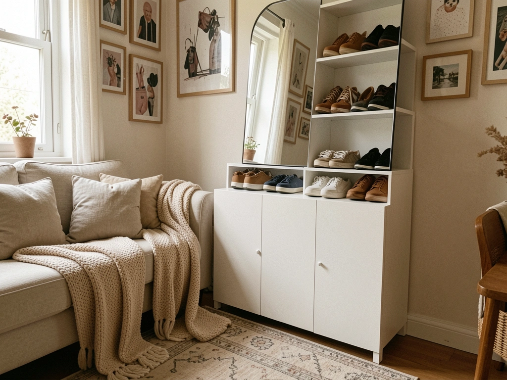 Armário de sapatos branco com espelho, sofá claro com manta, tapete estampado e quadros na parede, luz natural suave.