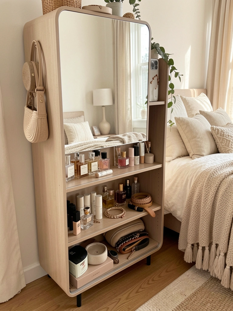 Armário com espelho reflete quarto claro e cama com roupa de cama neutra; perfumes e acessórios organizados nas prateleiras.