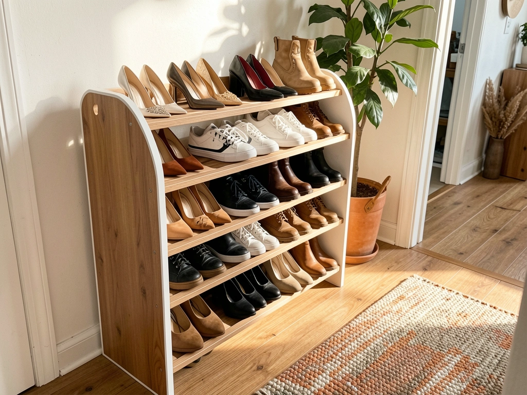 Luz natural incide sobre organizador de sapatos de madeira com detalhes brancos, repleto de saltos altos, tênis e botas, com tapete e vaso de planta ao lado.