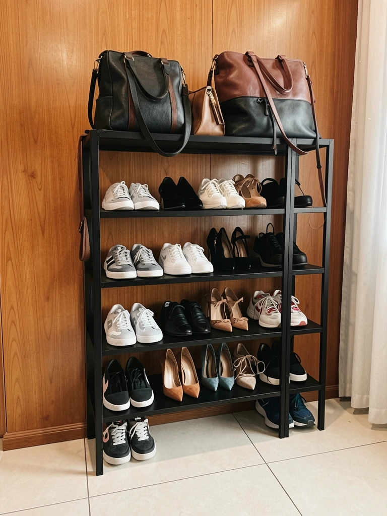 Prateleira preta minimalista com sapatos e bolsas contra parede de madeira clara, piso de ladrilho claro e luz ambiente suave.