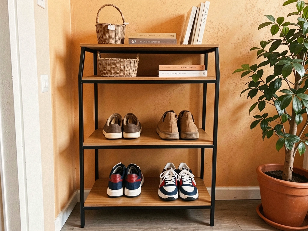 Prateleiras de madeira natural em suporte preto fino, par de tênis na base, cesto e livros no topo, parede texturizada e vaso com folhagem à direita.