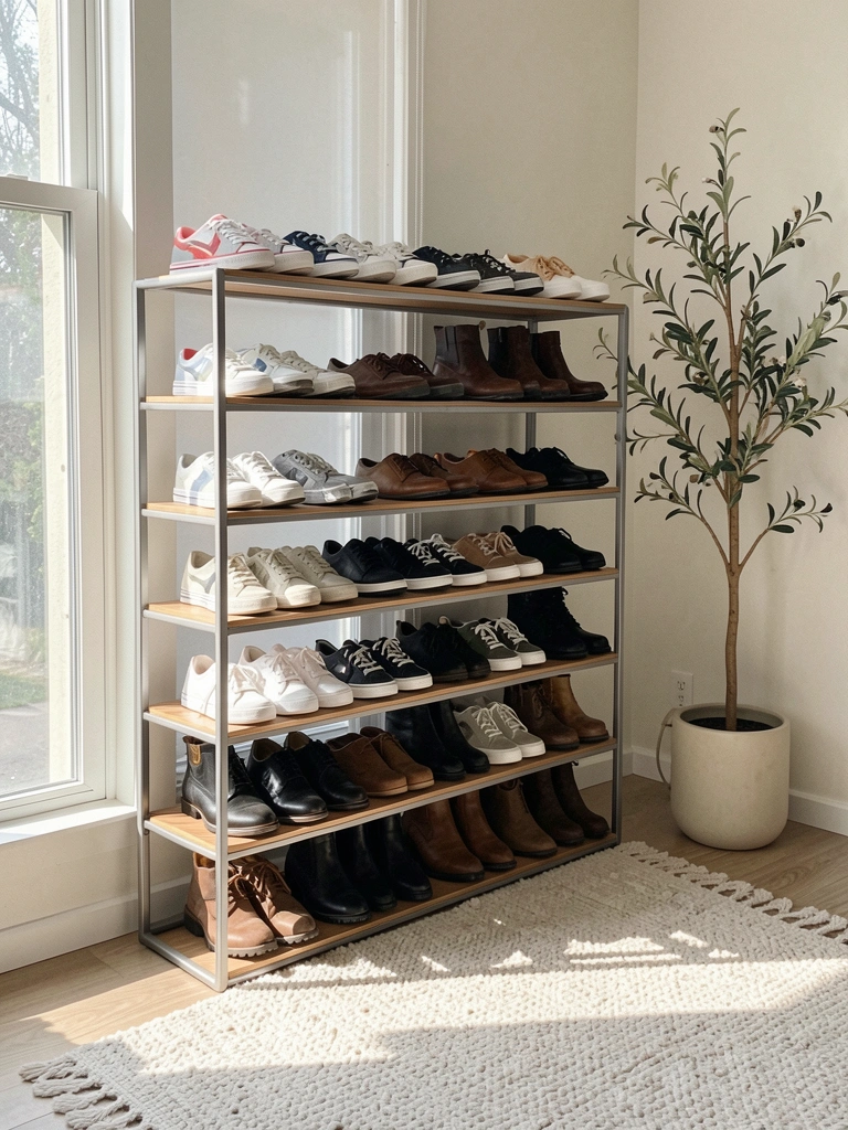 Estante de sapatos com tênis, sapatos sociais e botas, luz solar filtrando por janelas, planta decorativa e tapete texturizado.