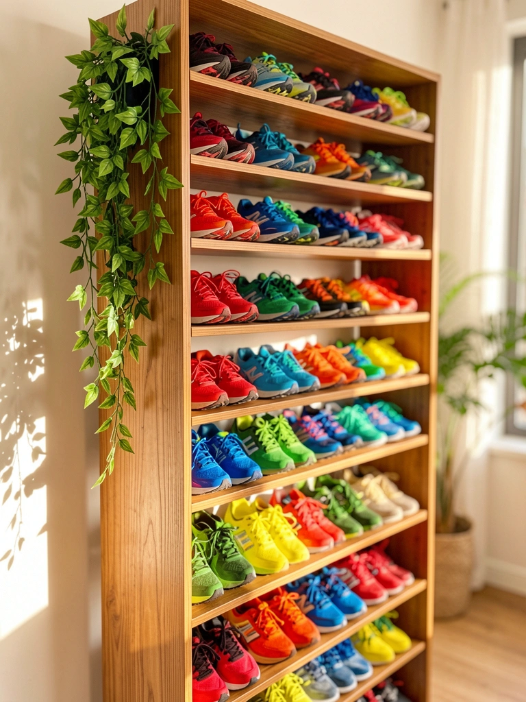 Sapateira de madeira clara com 27 pares de tênis coloridos organizados, planta verde pendente e luz natural suave.