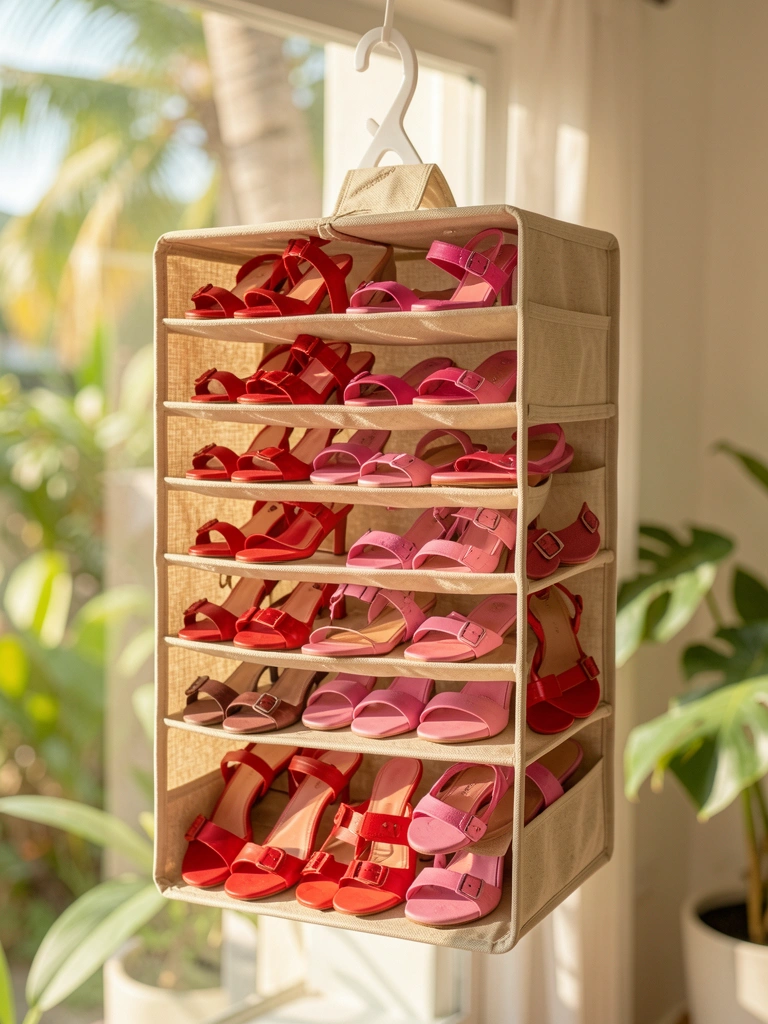 Organizador de sapatos bege de cinco prateleiras pendurado em gancho branco, com sandálias de salto vermelhas e rosas dispostas verticalmente, luz natural destacando texturas.