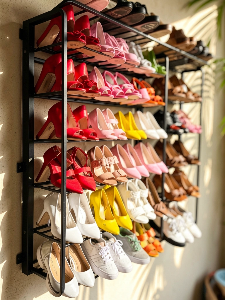Sapateira preta de metal com fileiras de sapatos coloridos de salto, rasteiras e tênis, luz natural filtrada e parede neutra desfocada.