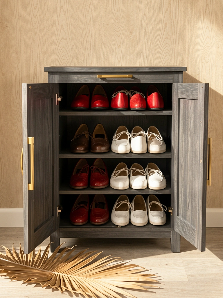 Sapateira de madeira escura com puxador dourado, sapatos vermelhos, marrons e brancos organizados, palma seca no chão, luz natural.