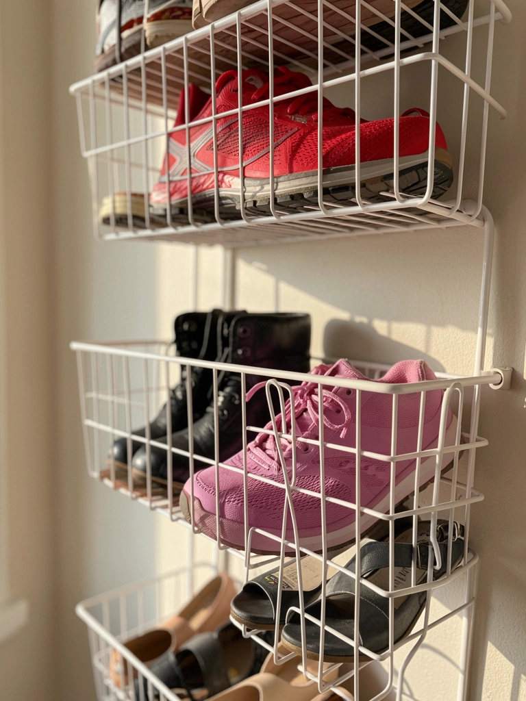 Prateleira de arame branca com cestas de metal exibindo tênis vermelho, bota preta, sapato rosa e sandália cinza, luz natural.