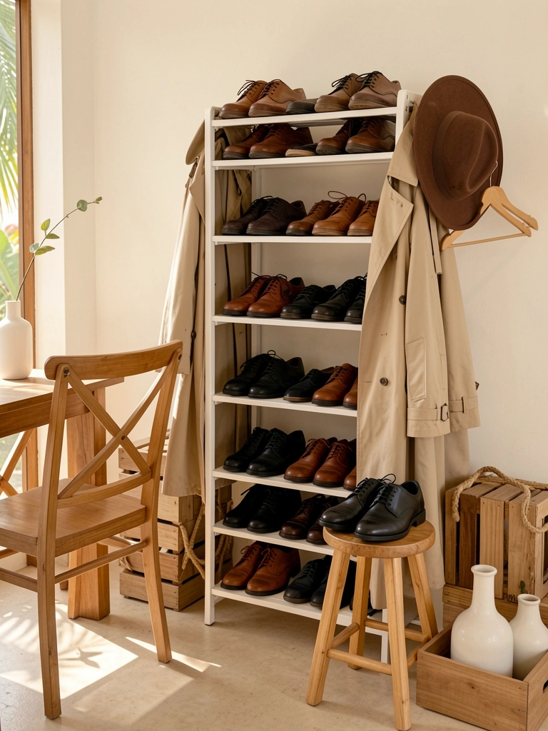 Sapateira branca alta com sapatos marrons e pretos, casaco bege pendurado, chapéu em cabide de madeira, banquinho com sapato, luz natural.
