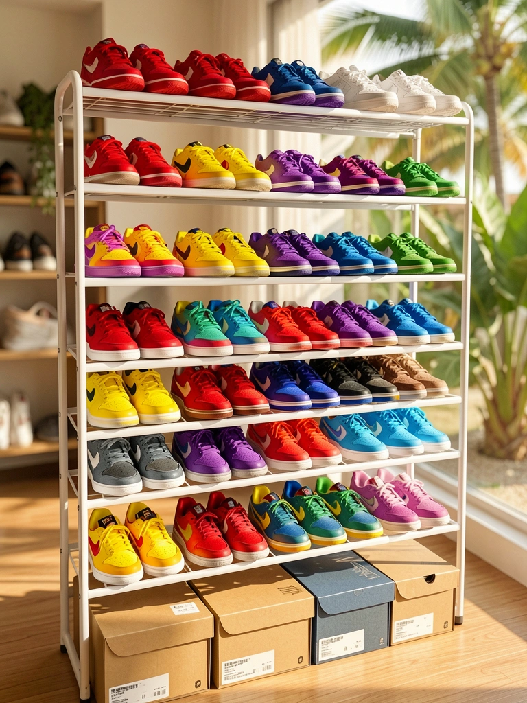 Prateleira metálica branca com tênis vermelhos, amarelos, roxos, azuis e verdes; caixas de sapatos na base; luz natural com sombras suaves.