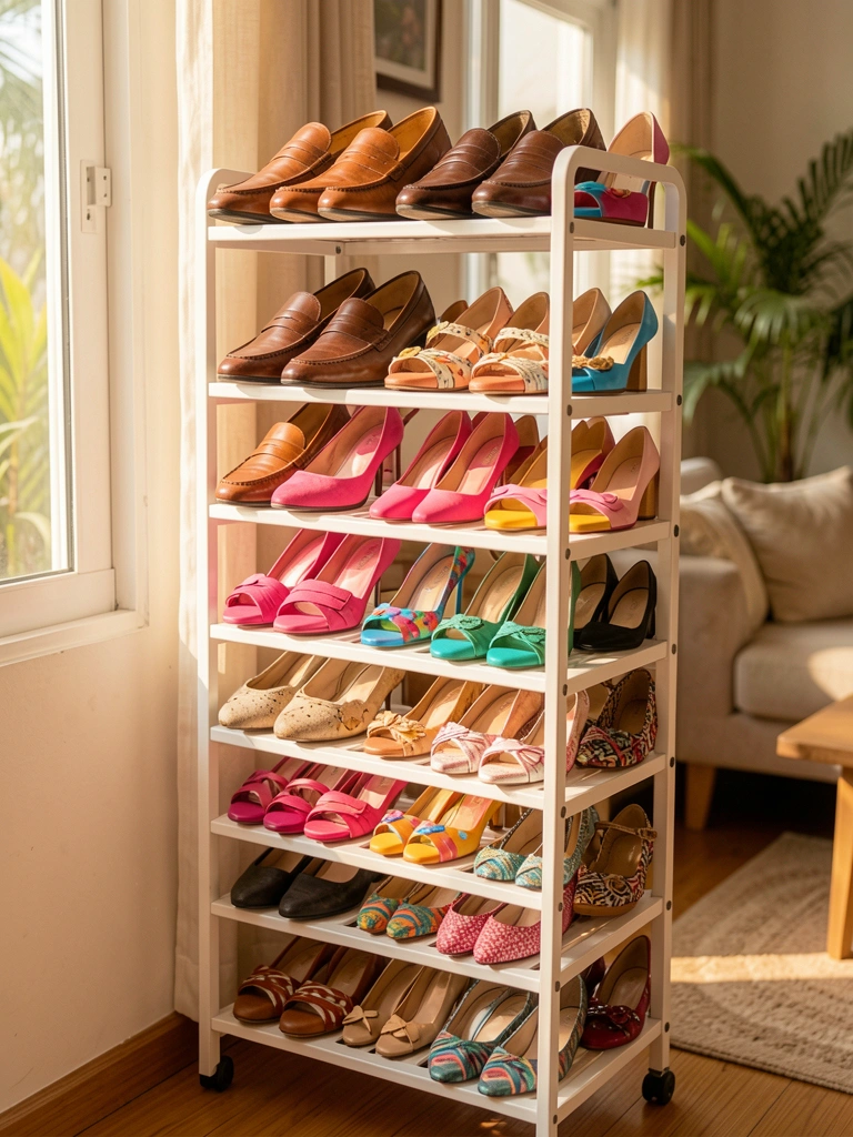 Sapateira vertical de metal branco com cerca de 30 pares de sapatos variados, incluindo mocassins marrons, saltos rosa e sandálias coloridas, sob luz natural de janela com fundo levemente desfocado.