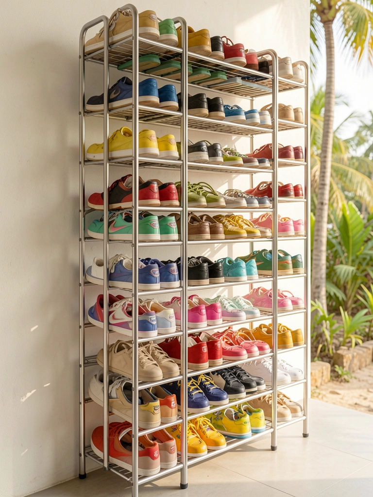 Sapateira metálica alta e cheia de sapatos coloridos organizados em fileiras, parede clara ao fundo, luz natural suave.