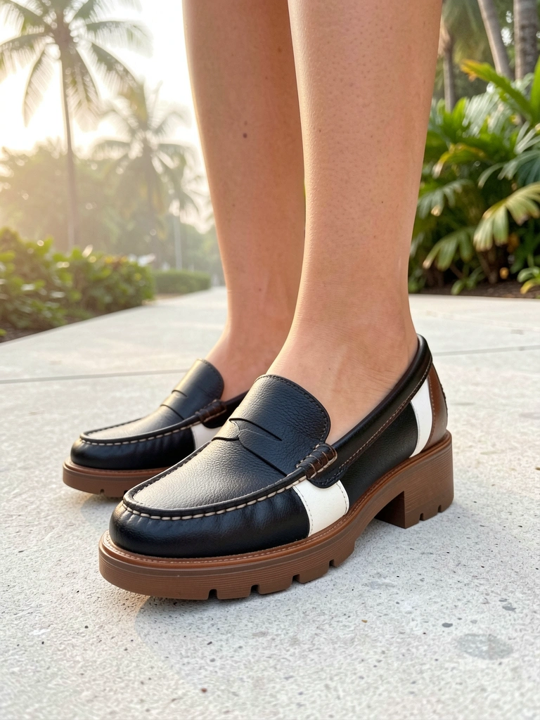Pés femininos com mocassim preto e branco de salto marrom, sola texturizada, sobre calçada de concreto cinza claro, luz natural e fundo levemente desfocado com verde.