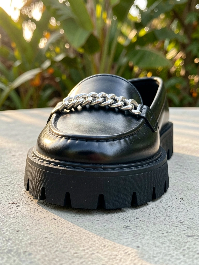 Sapato preto de couro brilhante com sola tratorada grossa e corrente prateada, sobre concreto cinza claro, luz natural filtrada por folhagens ao fundo.