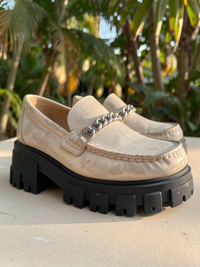 Mocassim bege claro com sola preta robusta e detalhe de corrente prateada, luz natural difusa e folhas ao fundo.