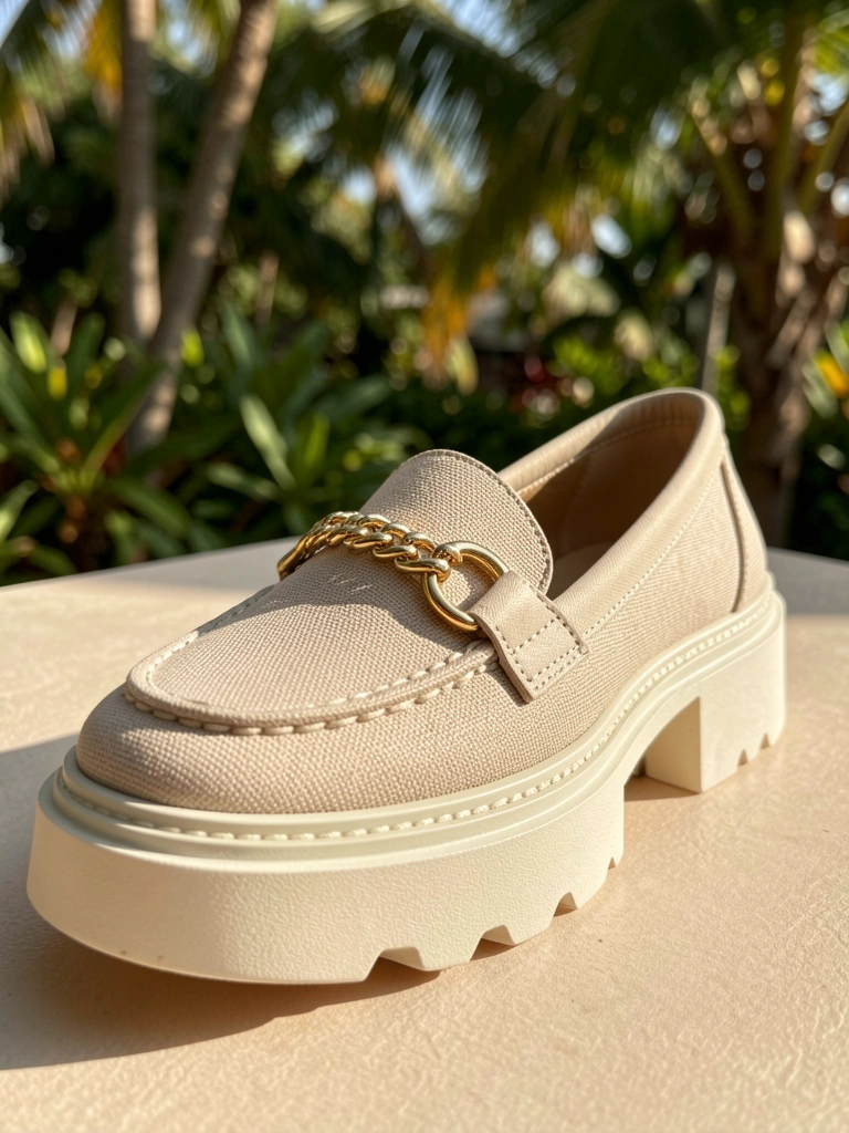 Sapato loafers bege claro com fivela de corrente dourada, textura de tecido e sola grossa, sobre superfície clara sob luz natural.